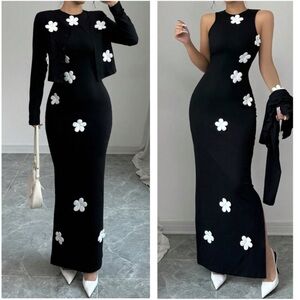 Classic Floral Appliques Split Hem Button Cardigan Dress Set S M L XL